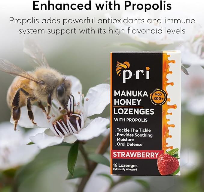 P.R.I Manuka Honey Lozenges with Propolis, Soothing Cough and Throat Drops, MGO 300+ Certified (Strawberry, 16 Count/2 Pack)
