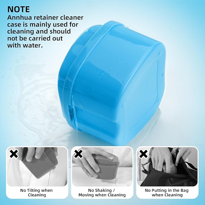 Dental Orthodontic Retainer Case Cleaning with Strainer Basket, Denture Bath Box Soaking Cup Mouthguard Storage Holder - Blue