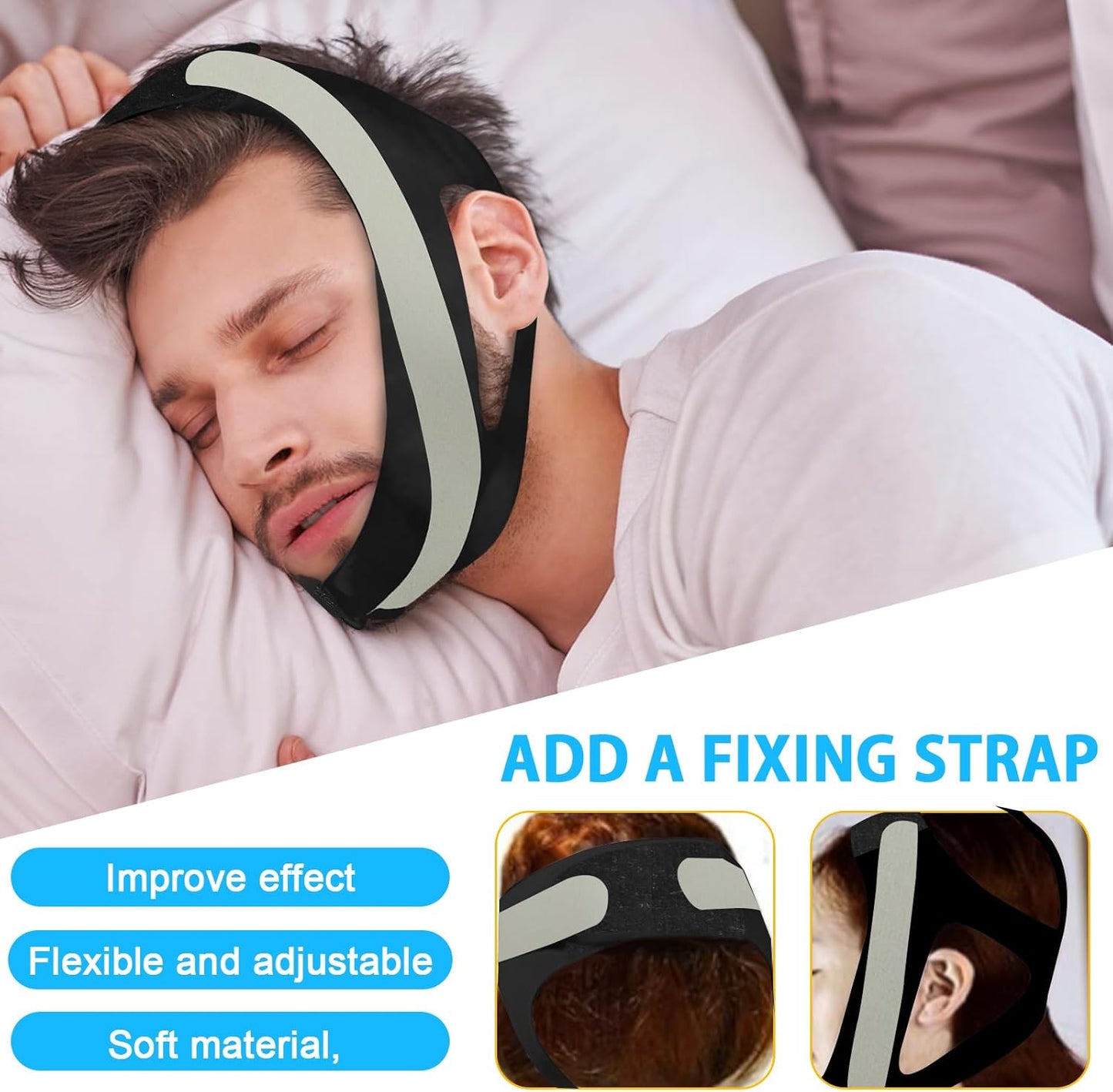 Chin Strap for Sleeping,Anti Snoring Chin Strap for CPAP Users,V-Line Lifting Mask,Adjustable and Breathable Chin Strap-Keep Mouth Closed for Effectively Reduce Snoring (Black-White)