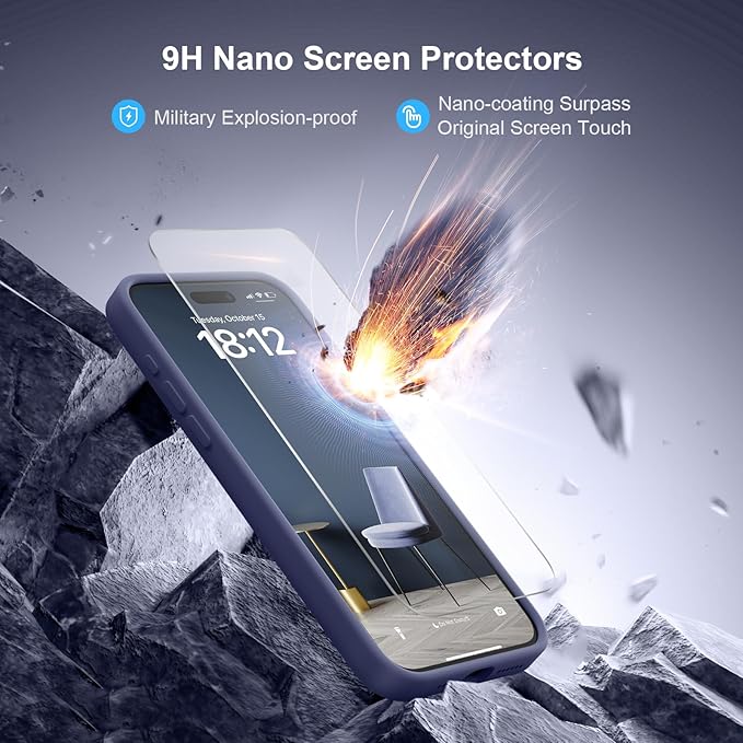 Magnetic for iPhone 15 Pro Case, Compatible with MagSafe, with 9H Nano Screen Protectors, Full Camera Protection, Silicone Shockproof Microfiber Lining Phone Case 6.1", Navy Blue