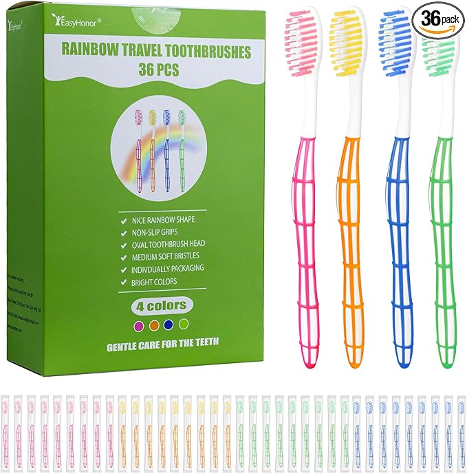 EasyHonor 36 PCS Individually Wrapped Bulk Toothbrushes, Colorful Manual Disposable Travel Toothbrush Set for Adults, Ergonomics Handle, Medium Soft Bristles, Perfect for Travel, Hotels, Donations.