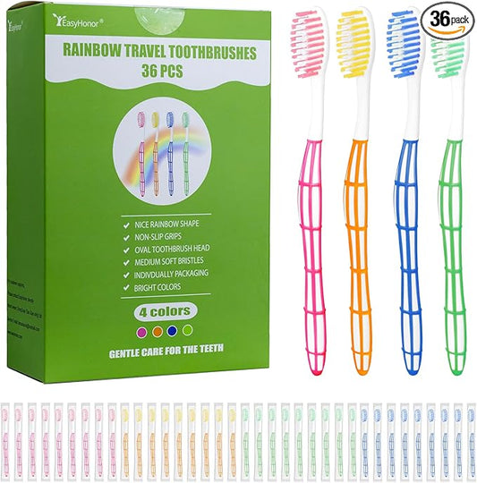 EasyHonor 36 PCS Individually Wrapped Bulk Toothbrushes, Colorful Manual Disposable Travel Toothbrush Set for Adults, Ergonomics Handle, Medium Soft Bristles, Perfect for Travel, Hotels, Donations.