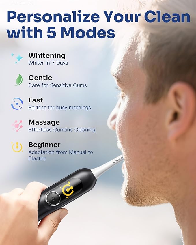 SAKYPRORAL Electric Toothbrush with AI Smart Screen for Adults Kids Teens | 6 Brush Heads | 150-Day Battery, Real-Time Brushing Map | 5 Whitening Modes, Travel Case | Sonic Toothbrush (Black)