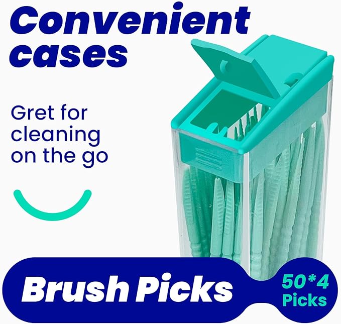 2-in-1 Interdental Pick-Soft Rubberized Brush Picks-Textured Plaque Removing Toothpick-Travel Hotel Restaurant Office Car-Comes with a Travel Case for On-The-Go Use-Mint -200 Count