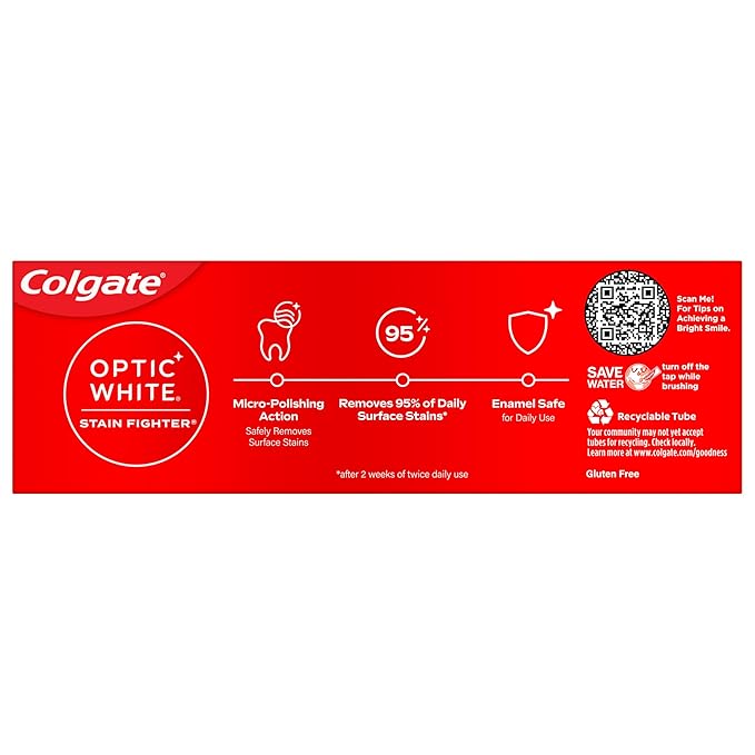 Colgate Optic White Stain Fighter Teeth Whitening Toothpaste, Anticavity Fluoride Toothpaste for Whitening Teeth, Helps Remove Daily Surface Stains, Fresh Mint, 4.2 oz