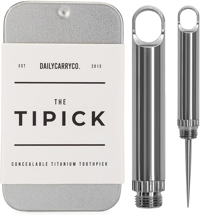 DAILYCARRYCO. TiPick Titanium Toothpick Holder - Portable Metal Travel Toothpick - Reusable EDC Micro Toothpick - Compact & Convenient, On-the-Go - Polished Titanium Construction
