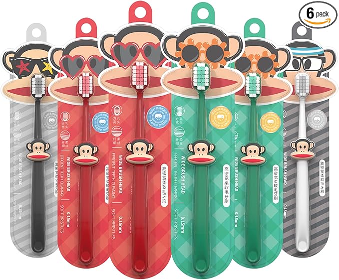 Paul Frank Soft Toothbrush for Adults - High Density Manual Toothbrushes with Dual-Color Tapered Bristles, Gentle Daily Care for Sensitive Teeth and Gums (1 Count (Pack of 6) Style 2)