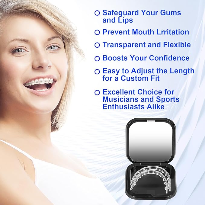 Comfort Cover for Braces - Lip Protector, Lip Cushion, Mouth Guard Clear Teeth Shield Bumper for Brackets, Aligner, Dental Wax Alternative, Soft and Comfortable, in Portable Storage Case with Mirror