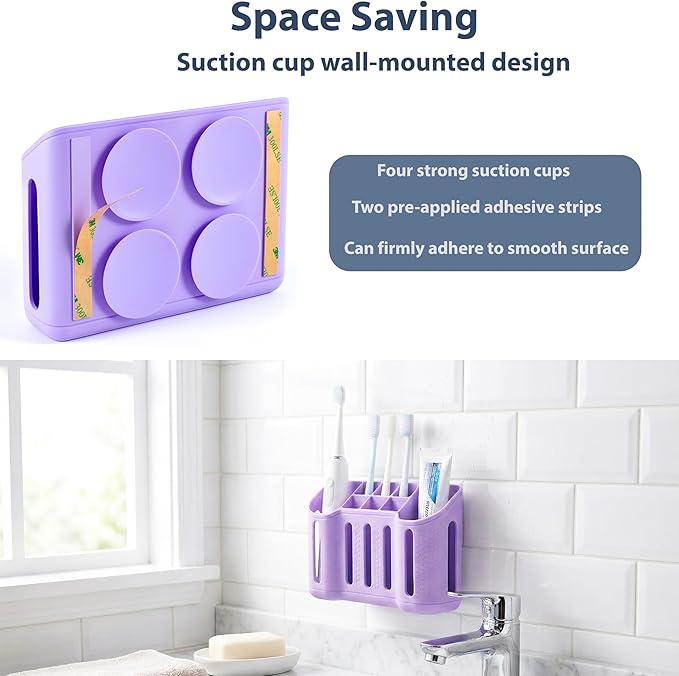 Wall-Mounted Silicone Toothbrush Holders for Bathrooms, Electric Toothbrush, Shaver and Toothpaste Holder, Multiple Slots, Suction Pad& Adhesive Tape, Bathroom Organizer, Bathroom Accessories (Purple)
