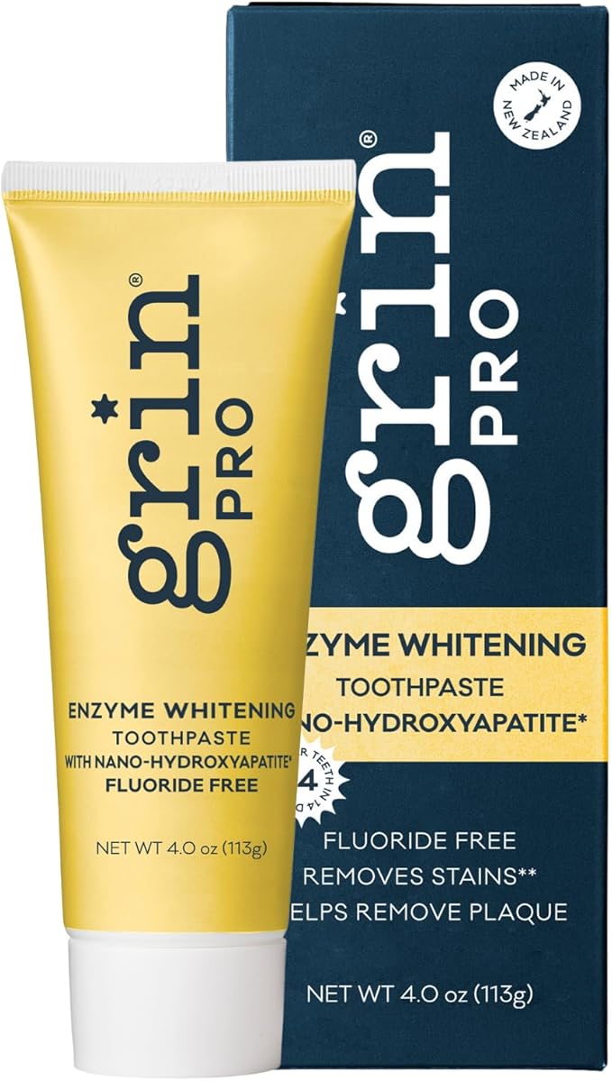 Grin Pro Enzyme Whitening with Nano Hydroxyapatite Toothpaste, Fluoride Free, Reduce Plaque Biofilms, Promoting Cleaner, Whiter Teeth, 113g Natural Ingredients New Zealand Manufactured