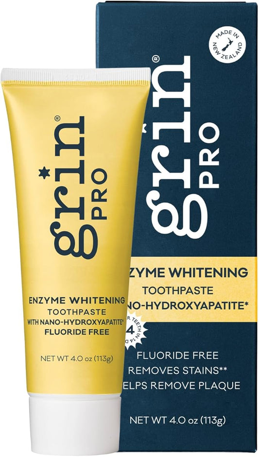 Grin Pro Enzyme Whitening with Nano Hydroxyapatite Toothpaste, Fluoride Free, Reduce Plaque Biofilms, Promoting Cleaner, Whiter Teeth, 113g Natural Ingredients New Zealand Manufactured