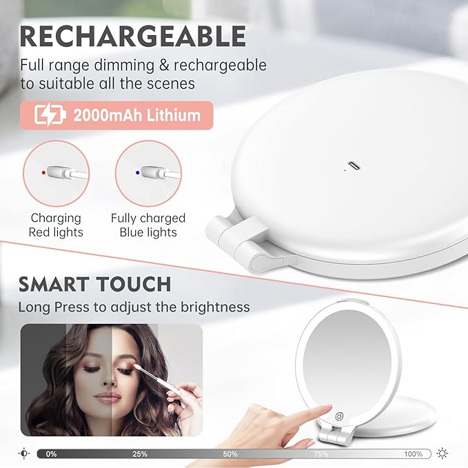 FUNTOUCH Travel Mirror with Light, 1X/10X Double Sided Magnification Makeup Vanity Mirror with 3 Color Setting, Chargeable Foldable Portable Travel Essential Vanity Mirror with Bag