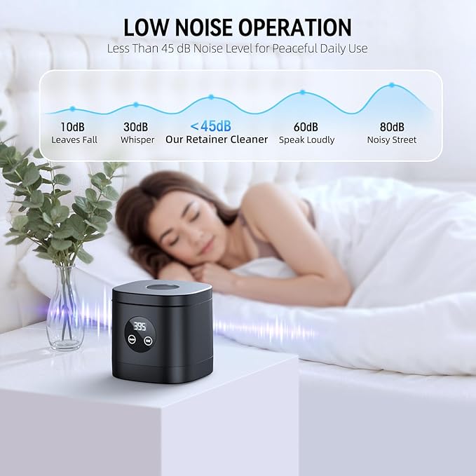 TEBAL Ultrasonic Retainer Cleaner Machine, 52kHz Ultrasonic Denture Cleaner for Night Guards, Braces, Toothbrush Heads, Jewelry and More, Ultrasonic Cleaner for Retainers with 250ML Capacity, Black
