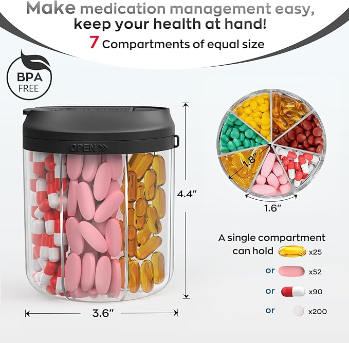 Pill Dispenser with 7 Large Compartments, 4.4" H x 3.6" Dia Pill Bottle Organizer for Travel,Supplement Organizer with Anti-Mixing Design,BPA-Free Pill Container with 20 Pcs Labels Black 2pcs