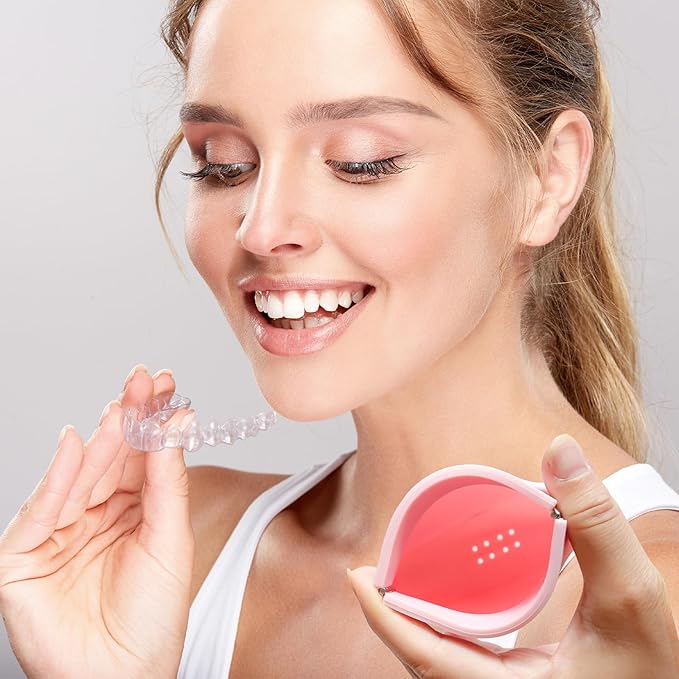 Silicone Retainer Denture Storage Case Holder, Portable Slim Dental Container Cleaning Box with Drain Holes and Leakproof for Aligners, Mouth Guards, Night Guards, Removable Dental Appliances (Pink)
