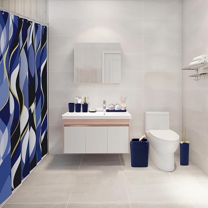 Blue Bathroom Set, Bathroom Sets with Stripe Shower Curtain, Navy Blue and Gold Bathroom Accessories with Trash Can, Soap Dispenser, Soap Dish, Toilet Brush Holder, Qtip Holders for Bathroom