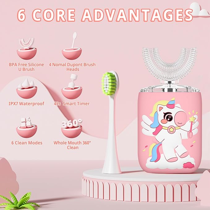 Kids Electric U Shaped Toothbrush Unicorn Rechargeable Sonic Toothbrush with 4 Soft Brush Heads with Kid Toothpaste IPX7 Waterproof - (Age 2-15, Pink)