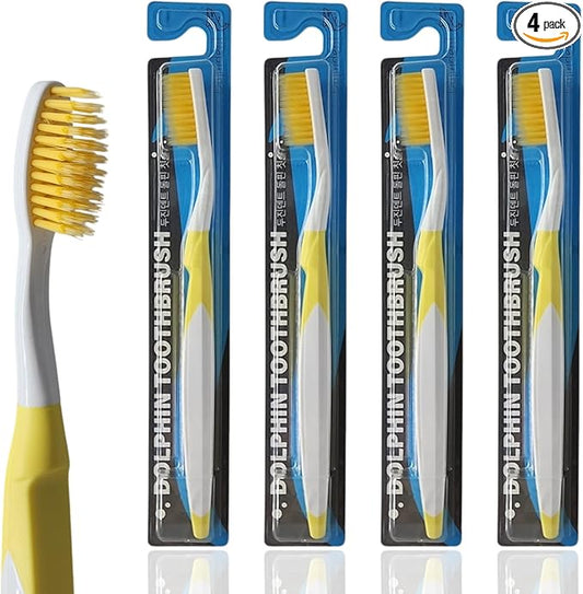 Dolphin Gold [4 Packs] Extra Soft Toothbrush Manual Long Flossing Bristle, Ultra Clean Toothbrush, Good for Sensitive Teeth and Gums (Yellow, Gold 4 Packs)