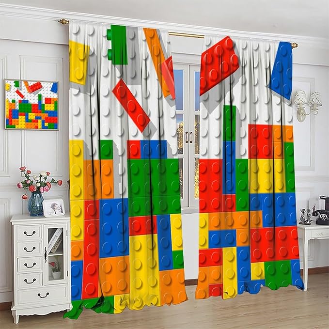 Building Blocks Toy Curtain Rod Pocket Children's Nursery Abstract Outline Colorful Plastic Toy Brick Geometric Print Pattern Curtain Boys Girls Bedroom Playroom 2 Panels 63x63in