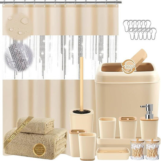 Beige Bathroom Accessories Set with Sequin Shower Curtain Beige Bathroom Decor with Trash Can,Toothbrush Holder, Toothbrush Cup,Soap Dispenser, Tray, Soap Dish,Toilet Brush