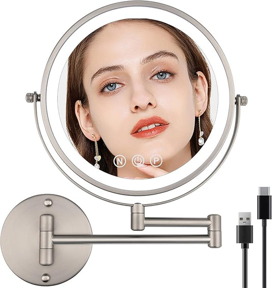 9" Wall Mounted Lighted Makeup Mirror with Magnification, 1X/10X Magnifying Mirror with Light, 3 Color LED 2000mAh Rechargeable Light Up Magnifying Nickel Extendable