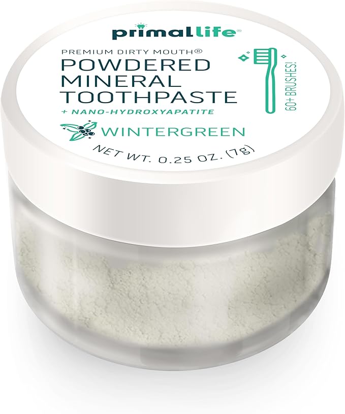 Primal Life Organics - Dirty Mouth Toothpowder, Tooth Cleaning Powder, Flavored Essential Oils with Natural Kaolin & Bentonite Clay, Good for 60+ Brushings, Organic, Vegan (Wintergreen, 0.25 oz)