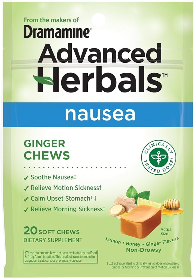 From the Makers of Dramamine, Advanced Herbals, Ginger Chews, Nausea Relief Soft Chews Lemon-Honey-Ginger, 20 Count