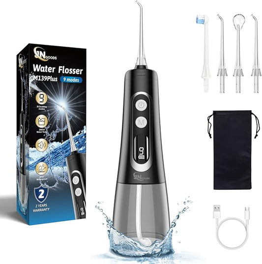 Water Dental Flosser Oral irrigator,JNGOODS 300ml Rechargeable Water flosser for Teeth IPX7 Waterproof 9 Modes Portable Oral Irrigator. LED Display with 4 Jet Tips, Travel Home use (Black)