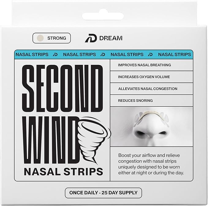 Dream Recovery Second Wind Nasal Strips - Nose Strips for Breathing, Sleep and Athletic Performance - Snore Relief and Congestion Support - Sand, Strong, 30 Count