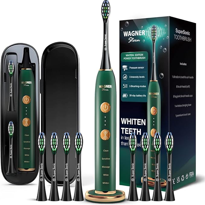 Wagner Stern WHITEN+ Edition. Whitening Electric Toothbrush with Pressure Sensor. Offers 5 Brushing Modes, 3 intensities, 8 Soft Brush Heads, and a Luxury Travel case.