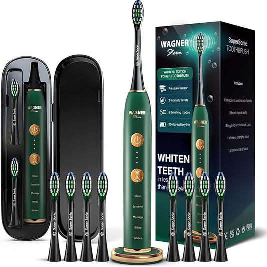 Wagner Stern WHITEN+ Edition. Whitening Electric Toothbrush with Pressure Sensor. Offers 5 Brushing Modes, 3 intensities, 8 Soft Brush Heads, and a Luxury Travel case.