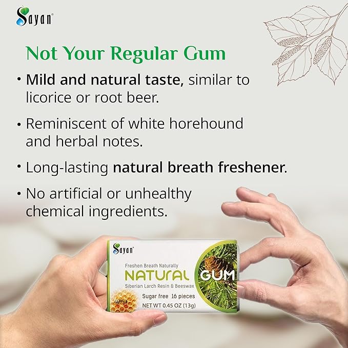 Sayan Sugar Free All Natural Gum, Siberian Larch Tree Resin and Beeswax Chewing Gum for Fresh Breath, Vegetarian, Non-GMO, No Sugar, Gluten Free, Aspartame Free, No Preservatives - 3 Packs (48 Pieces)