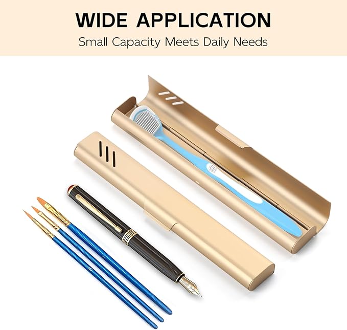 Travel Toothbrush Case, 2Pack Portable Toothbrush Holders, Durable Aluminum Toothbrush Storage Box, Small Breathable Manual Toothbrush Container for Traveling, Camping, Business Trip - Gold