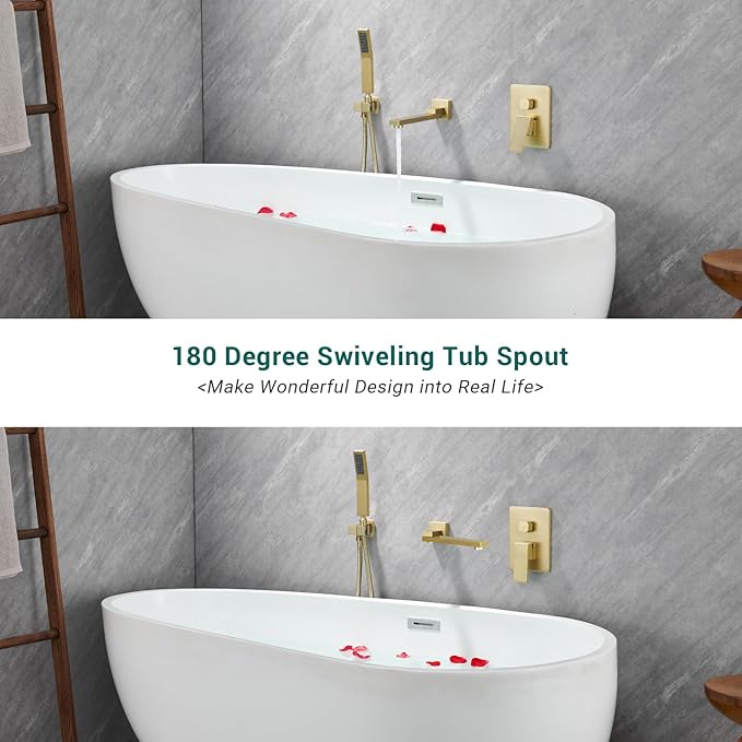 DASAN Swiveling Wall Mount Tub Filler Faucet Set with Hand Held Shower, Brushed Gold Modern Creative Bathtub Faucet Wall Mounted Bath Tub Faucet with High Flow Rough in Valve, SA-TF05WH-BG