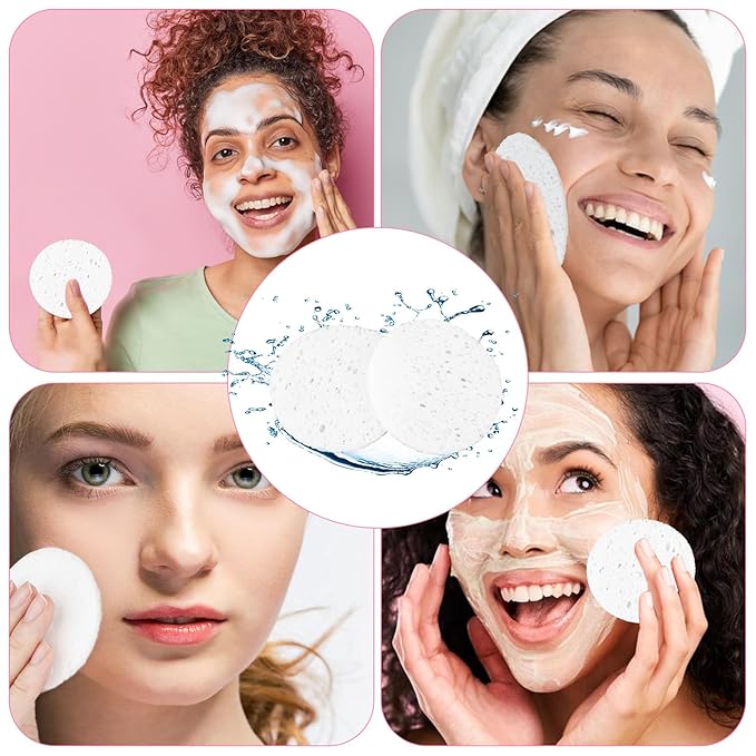 300Pcs Soft Facial Sponges Pads Compressed Face Sponges for Daily Cleansing, Cotton Face Washing Sponge Pads Exfoliating Face Sponge, Cosmetic Sponges for Makeup Removal (Round White)