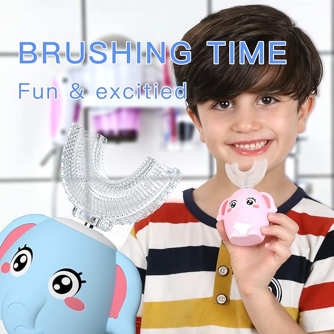 Kids Electric U Shaped Toothbrush Children Rechargeable Sonic Toothbrush with 4 Brush Heads Full Mouth 6 Cleaning Modes - (Age 8-15 Blue)