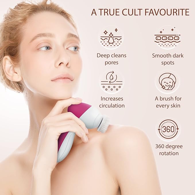 Face Scrubber | Facial Cleansing Brush Exfoliator Skin Care Products Beauty Products Powered Electric Wash Exfoliating Spin Cleanser Cleaning Scrub Including 7 Heads (Rubellite)