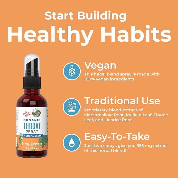 MaryRuth Organics USDA Organic Throat Spray with Mullein Leaf | Marshmallow Root & Licorice Root & Thyme Leaf | 4 Herbal Blend | Non-GMO | Vegan | Gluten Free | 1 Fl Oz | Up to 100 Servings