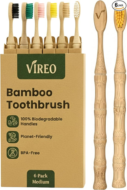 VIREO Bamboo Toothbrushes Medium Bristles 6-Pack - BPA-Free Eco-Friendly Toothbrushes for Adults - Biodegradable, Natural Wooden Toothbrush