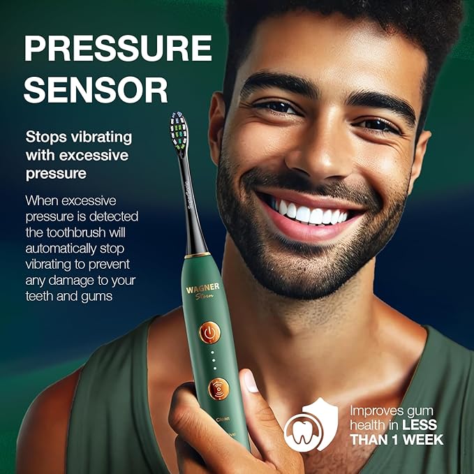 Wagner Stern WT8900 Series Electric Toothbrush – Whitening & Pressure Sensor, 5 Modes, 3 Intensities, 8 Soft Brush Heads, Rechargeable, Travel Case Included