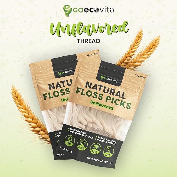 Biodegradable Floss Picks (Unflavored) - Natural Straw Wheat Handle | Thin & Durable Thread for Tight Gaps! | Dental Flossers for Adults | Gentle on Gums & Teeth | Eco Friendly, Vegan (100 Pack)