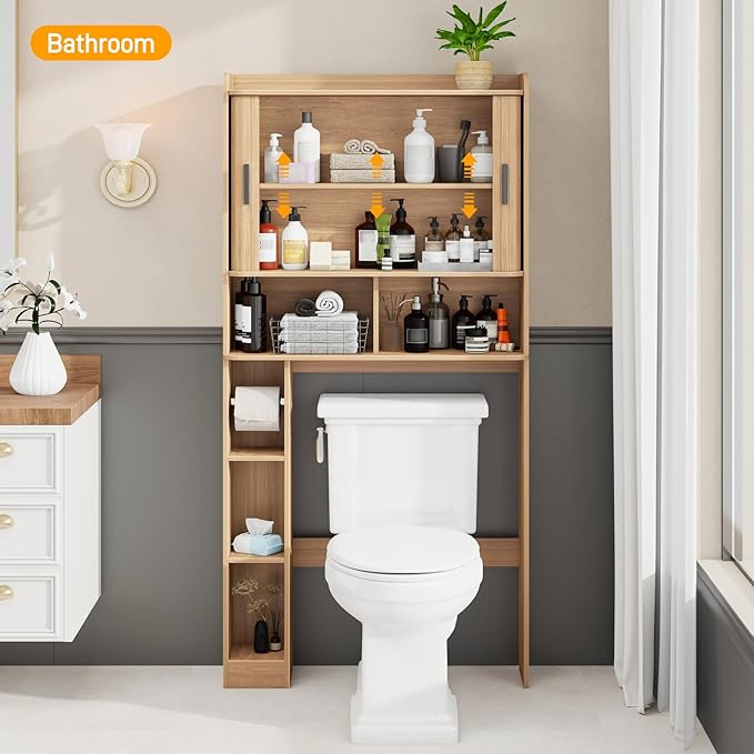 Over The Toilet Storage Cabinet,Farmhouse Toilet Cabinet Rack with 2 Tambour Sliding Doors and Toilet Paper Holder Stand，Toilet Shelf Space Saver with Towel Rack for Bathroom, Restroom, Laundry