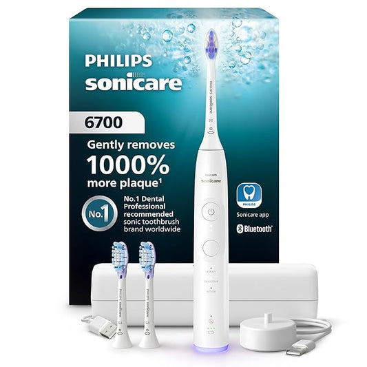 Philips Sonicare 6700 Series Electric Toothbrush - Next-Generation Sonicare Technology, Pressure Sensor, 9 Brushing Settings, SmarTimer, BrushPacer, 21-Day Runtime, Travel Case, White, HX7410/07