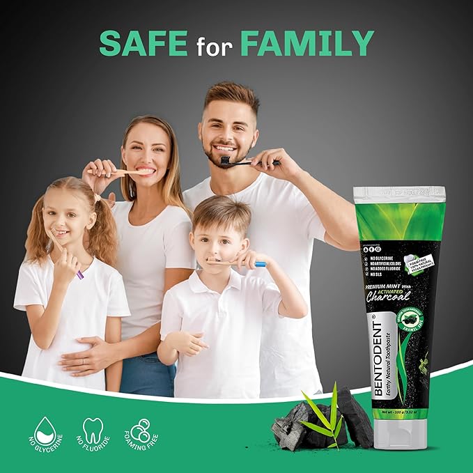 BENTODENT Teeth Whitening Bentonite Clay & Charcoal Toothpaste - Natural Teeth Whitening Charcoal toothpaste, No SLS & Fluoride free Charcoal toothpaste, Vegan (Activated Charcoal Mint Combo)