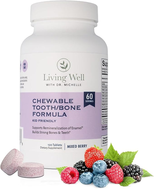 Living Well with Dr. Michelle Kids Tooth & Bone Supplement – Chewable for Strong Teeth & Cavity Defense – Calcium, D3, K2, Magnesium, Zinc – Ages 4+ – Mixed Berry Flavor – Fluoride-Free, Non-GMO