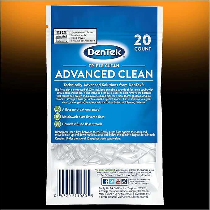DenTek Triple Clean Advanced Clean Floss Picks, No Break & No Shred Floss, 20 Count (Pack of 4)