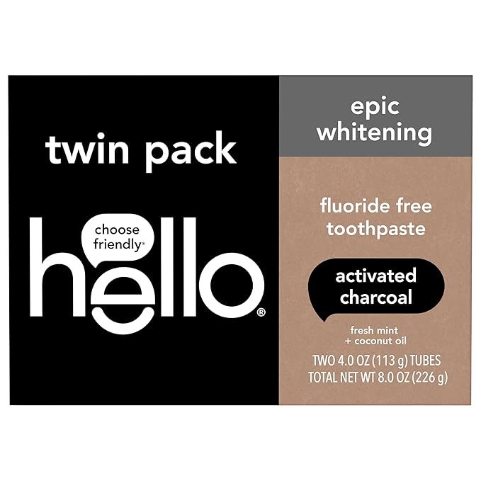 Hello Activated Charcoal Epic Teeth Whitening Fluoride Free Toothpaste and Toothbrush, Fresh Mint and Coconut Oil, Vegan, SLS Free, Gluten Free and Peroxide Free, 4 Ounce (Pack of 2)