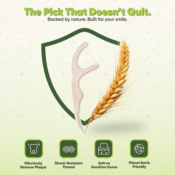 Biodegradable Floss Picks - Natural Straw Wheat Handle | Thin & Durable Thread for Tight Gaps! | Dental Flossers for Adults | Gentle on Gums & Teeth | Eco Friendly, Vegan, Natural (200 Pack, Mint)
