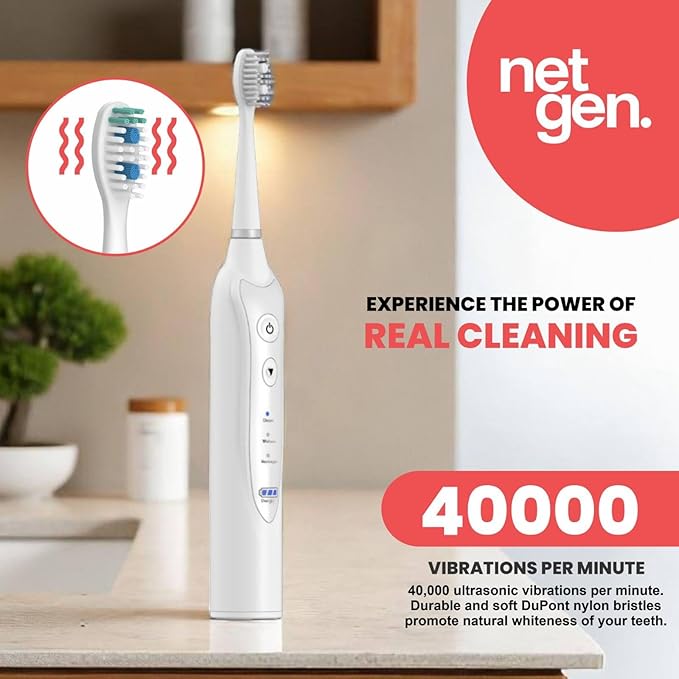 Sonic Electric Toothbrush for Adults with 5 Toothbrush Replacement Heads, 3 Brushing Modes & 2 Minutes Built-in Timer, Travel Toothbrushes with Inductive Charging, Rechargeable toothbrush | White