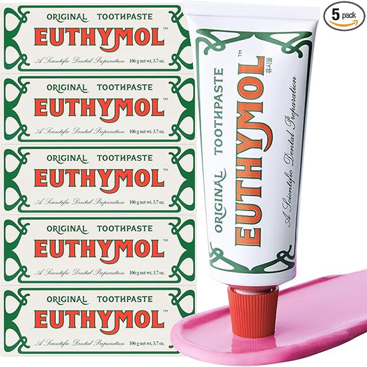 EUTHYMOL Original Toothpaste (3.7fl oz*5, Pack of 5) - Fluoride-Free Toothpaste for Sensitive Teeth & Gum. Bad Breath, Cavity Prevention, 12-Hour Long Lasting Freshness with Wintergreen